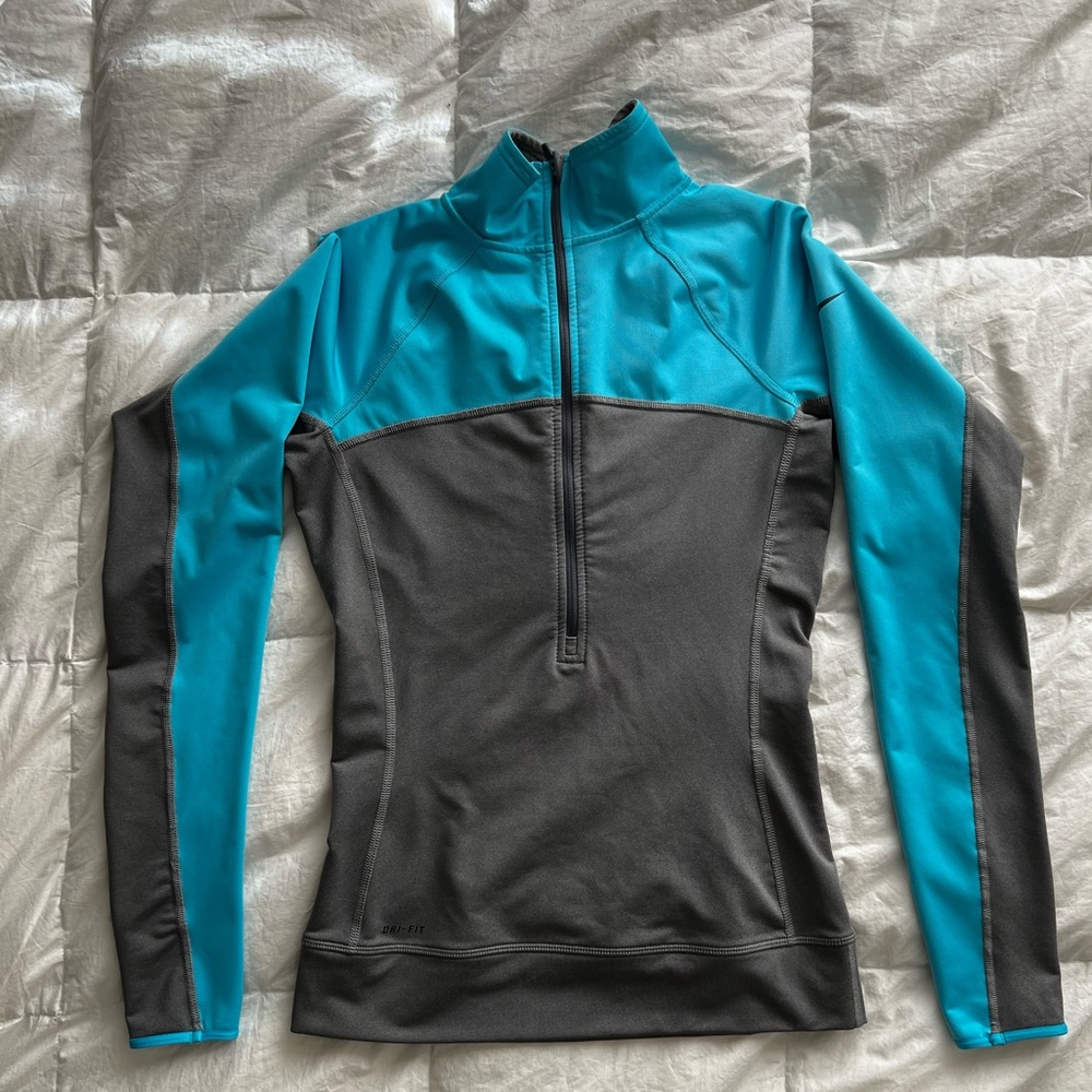 Nike (quarter zipped athletic wear), Size S, Color: grey and light blue